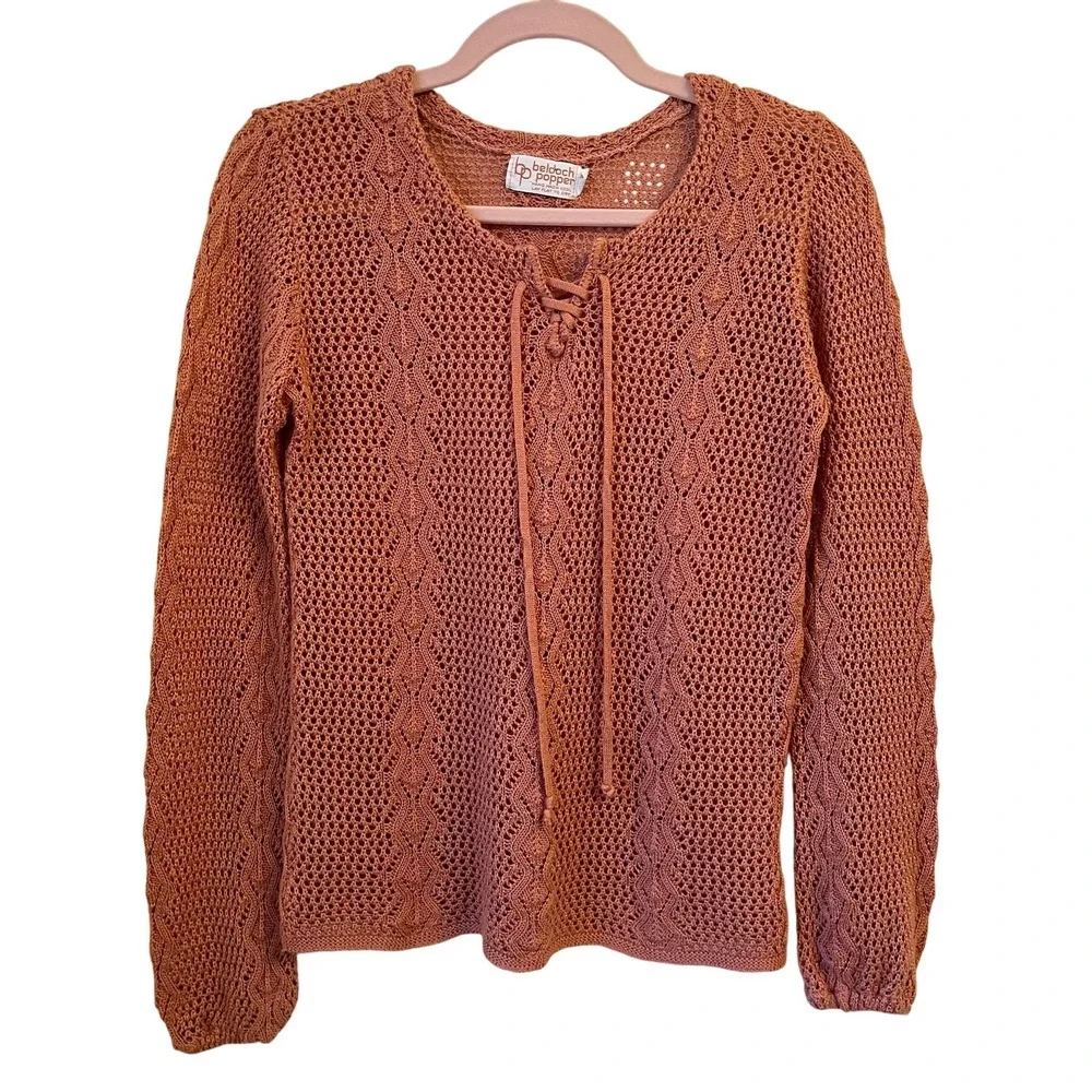 Vintage Boho Western Open Knit Sweater Womens S Lace‎ Up Hippie Cottage Peasant